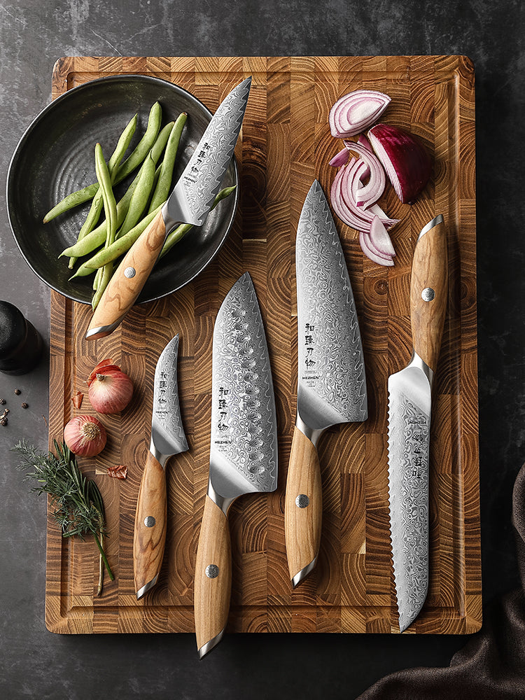 HEZHEN 5-piece Chef Knife Set, 73 Layers Damascus Powder Steel, Olive Wood Handle, Gift Ready-Flagship Series