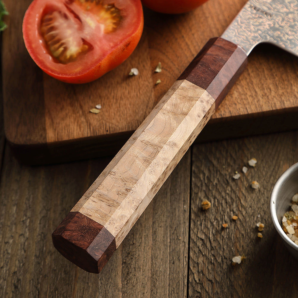 HEZHEN 5 Piece Copper Damascus Steel Chef Knife Set, 37 Tricolor Copper Damascus Steel Kitchen Knife Set with Figured Sycamore Wood + Padauk Burl Wood