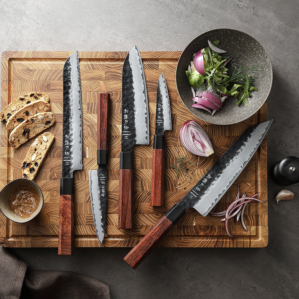 HEZHEN Multifunctional 5-piece Knife Set,3 Layers Composite Steel Blade,Ergonomic Wooden Handle,Elegant Gift Box Packaging
