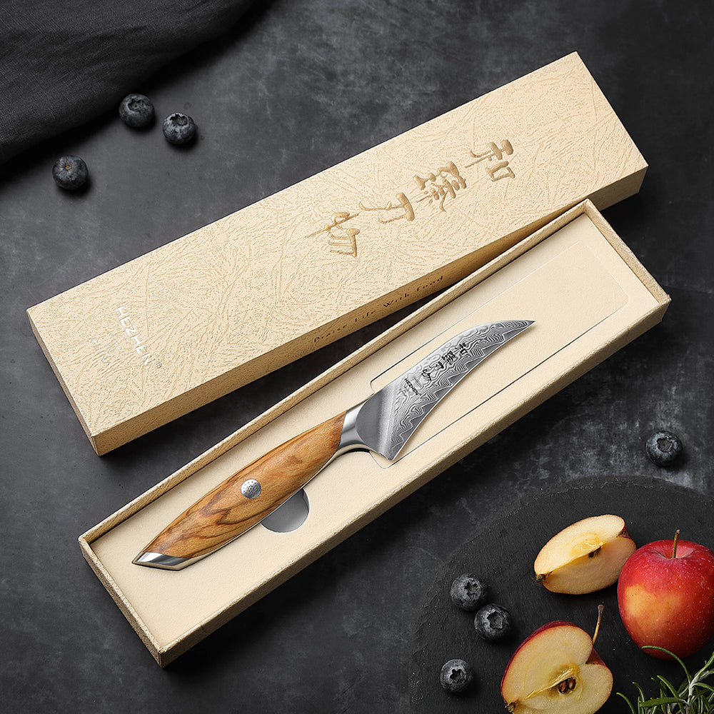 HEZHEN 4 Inches Paring Knife, 73 Layers Damascus Powder Steel, Olive Wood Handle, Gift Ready-Flagship Series