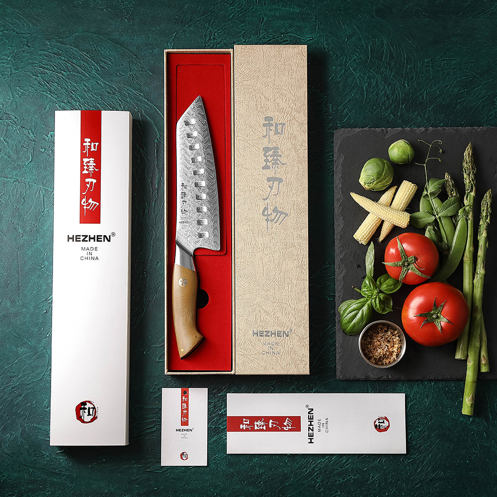 HEZHEN 7.4 Inches Santoku Knife, 67 Layers Damascus Steel with Linen Micarta Handle, Gift Box Package- B38L Series