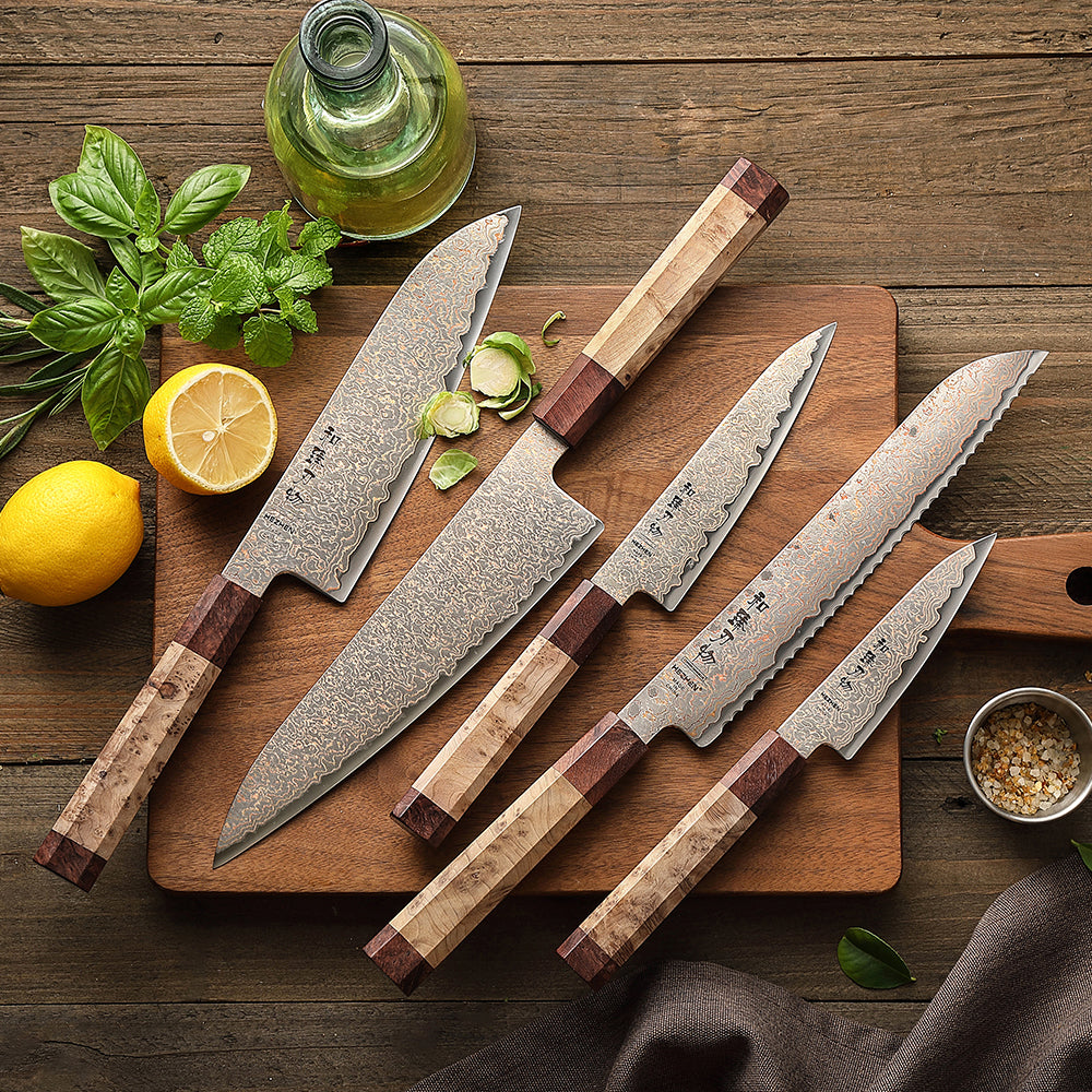 HEZHEN 5 Piece Copper Damascus Steel Chef Knife Set, 37 Tricolor Copper Damascus Steel Kitchen Knife Set with Figured Sycamore Wood + Padauk Burl Wood