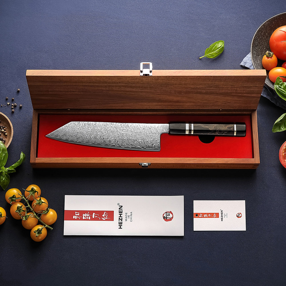HEZHEN 8.3 Inches Kiritsuke Chef Knife, 49 Layers Damascus Steel with Japanese ZDP-189 Steel, 65-67 HRC, Octagonal Handle