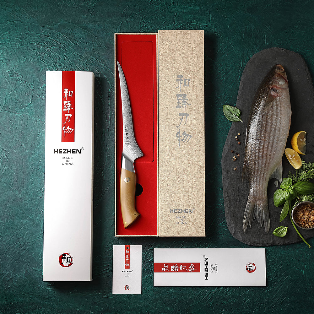 HEZHEN 7.3” 67-layers Damascus Steel Fillet Knife, Hardness 60±2 HRC,Fish Deboning Knife, 15° Precision Edge Linen Micarta Handle Kitchen Knife for Fish Filleting, Peeling and Fruit Cutting