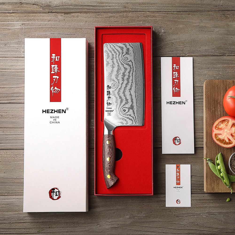 HEZHEN 7 Inches Damascus Meat Cleaver, Chinese Chef Knife for Meat and Vegetable Cutting, Micarta Handle