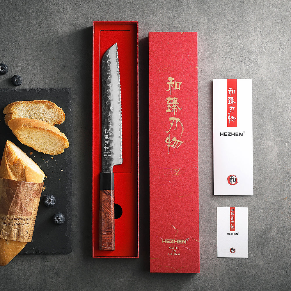 HEZHEN 8.5 Inches Bread Knife Stainless Steel Kitchen Cooking Knives Rosewood Handle With Gift Box Three-layer Composite Steel