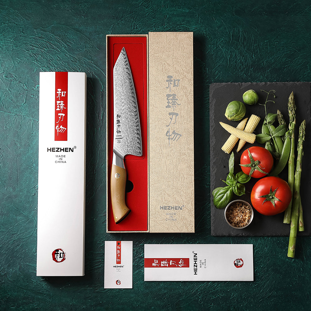 HEZHEN 8.5 Inches Chef Knife, 67 Layers Damascus Steel with Linen Micarta Handle, Gift Box Package- B38L Series