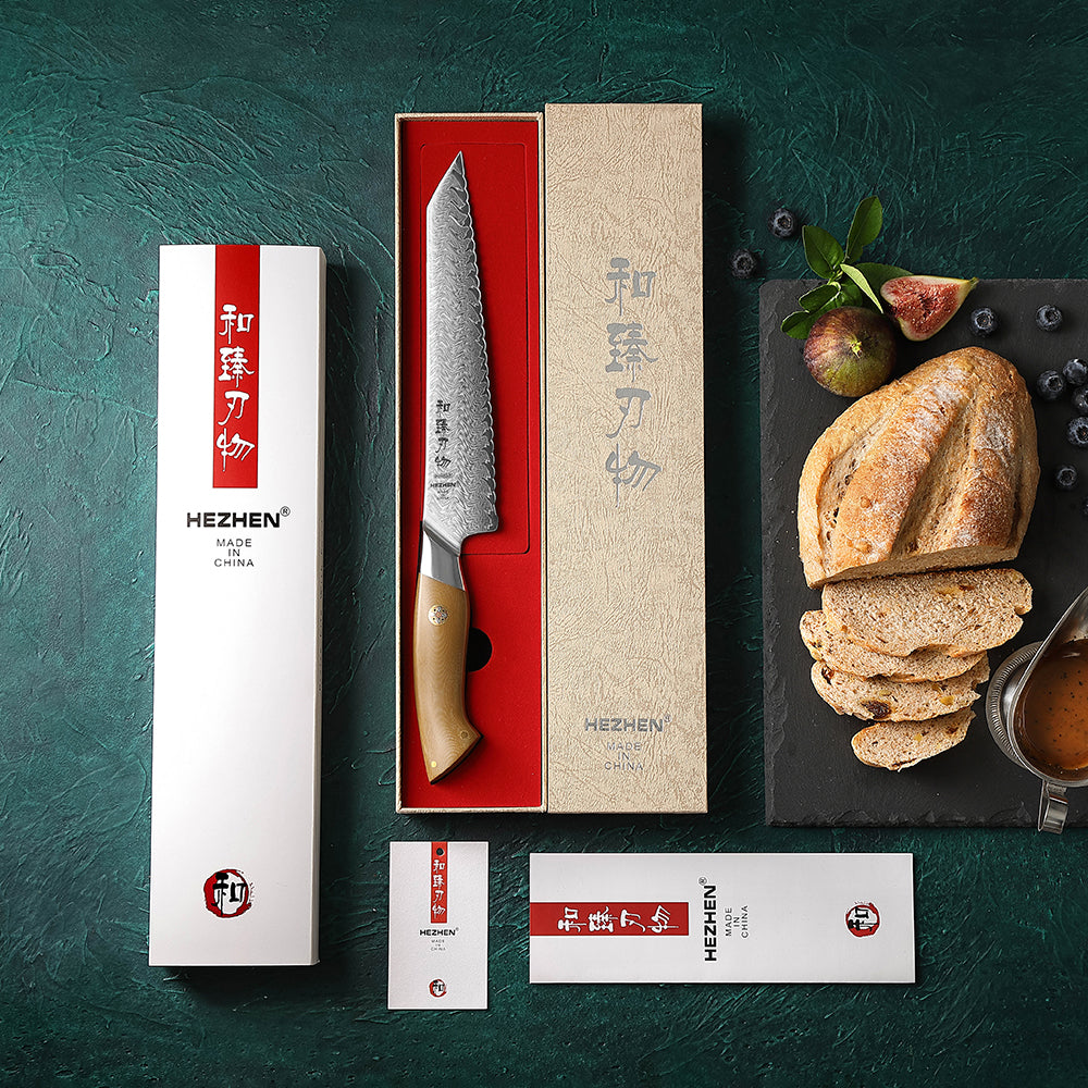 HEZHEN 8.4 Inches Bread Knife, 67 Layers Damascus Steel with Linen Micarta Handle, Gift Box Package- B38L Series