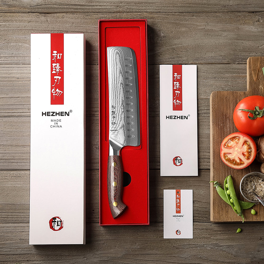 HEZHEN 7.4 Inches Damascus Nakiri Knife, Small Cleaver Knife for Meat and Vegetable Cutting, Micarta Handle