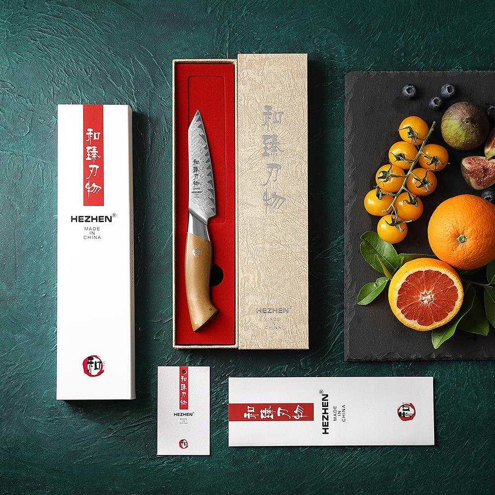 HEZHEN 4.3 Inches Paring Knife, 67 Layers Damascus Steel with Linen Micarta Handle, Gift Box Package- B38L Series