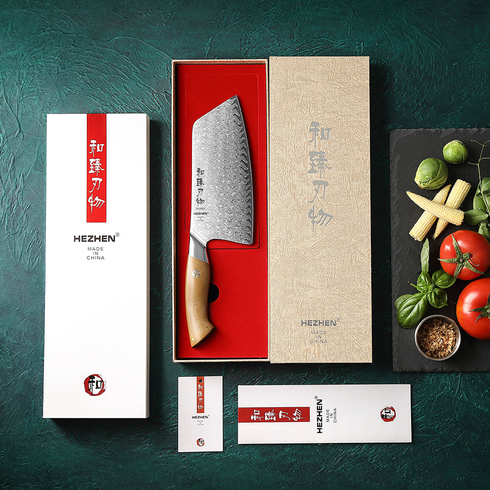 HEZHEN 7.2 Inches Chinese Meat Cleaver Knife, 67 Layers Damascus Steel with Linen Micarta Handle, Gift Box Package- B38L Series