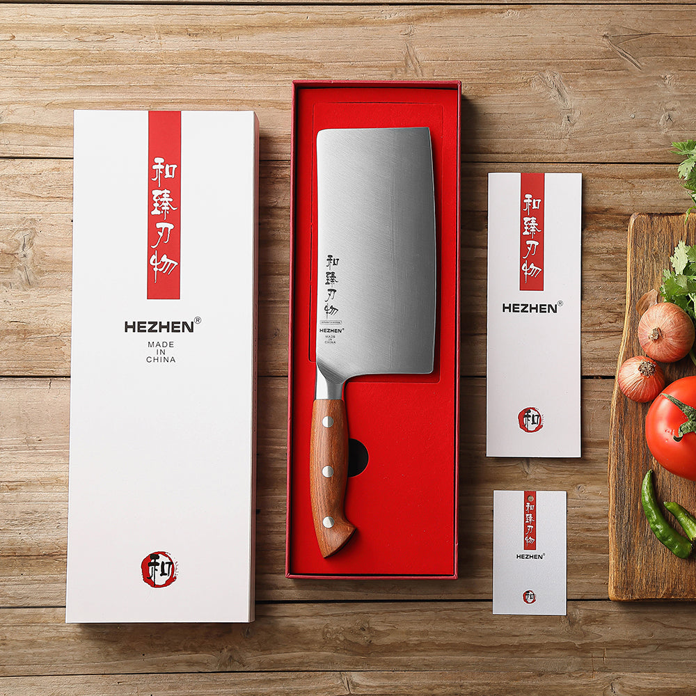HEZHEN 7 Inches Meat Cleaver Knife, Chinese Chef Knife, German Steel, Red Wood Handle-Supreme Stainless Series