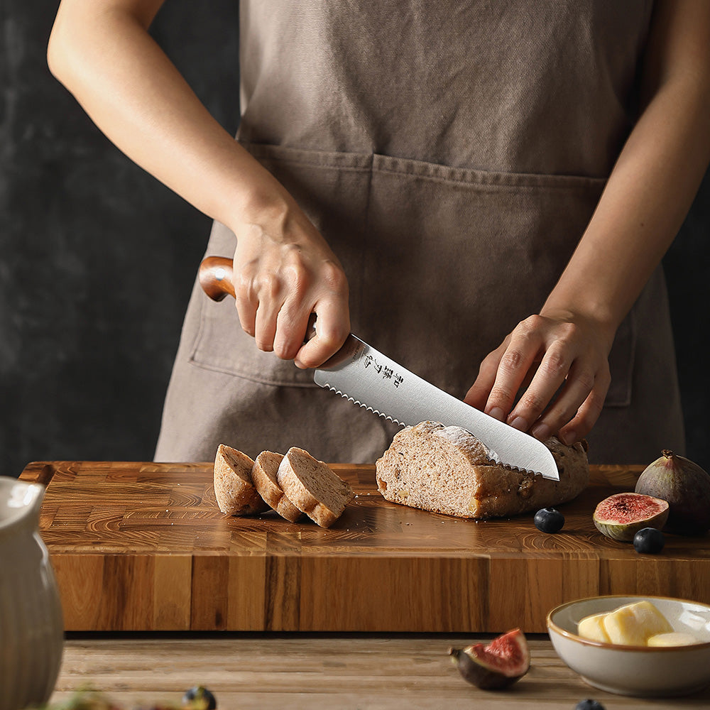 HEZHEN 8.5 Inches Bread Knife, German Steel, Red Wood Handle-Supreme Stainless Series