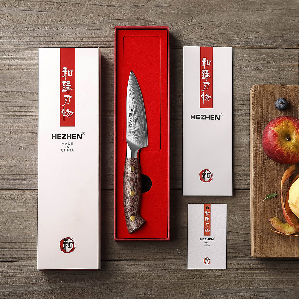 HEZHEN 4.3 Inches Damascus Paring Knife, Multifunctional Petty Knife, , Micarta Handle