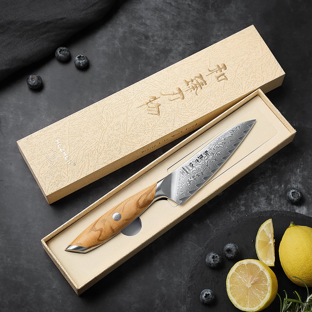HEZHEN 5 Inches Kitchen Utility Knife, 73 Layers Damascus Powder Steel, Olive Wood Handle, Gift Ready-Flagship Series