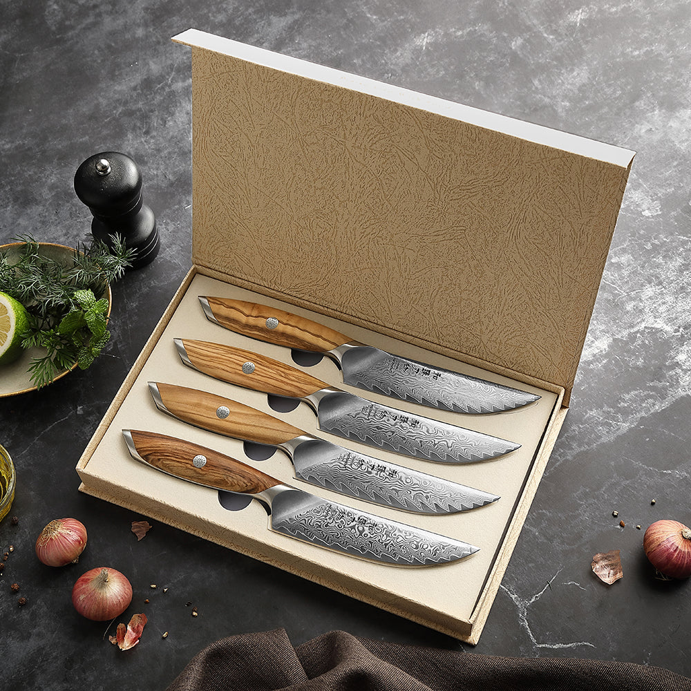 HEZHEN 4-piece Steak Knife Set, 73 Layers Damascus Powder Steel, Olive Wood Handle, Gift Ready-Flagship Series
