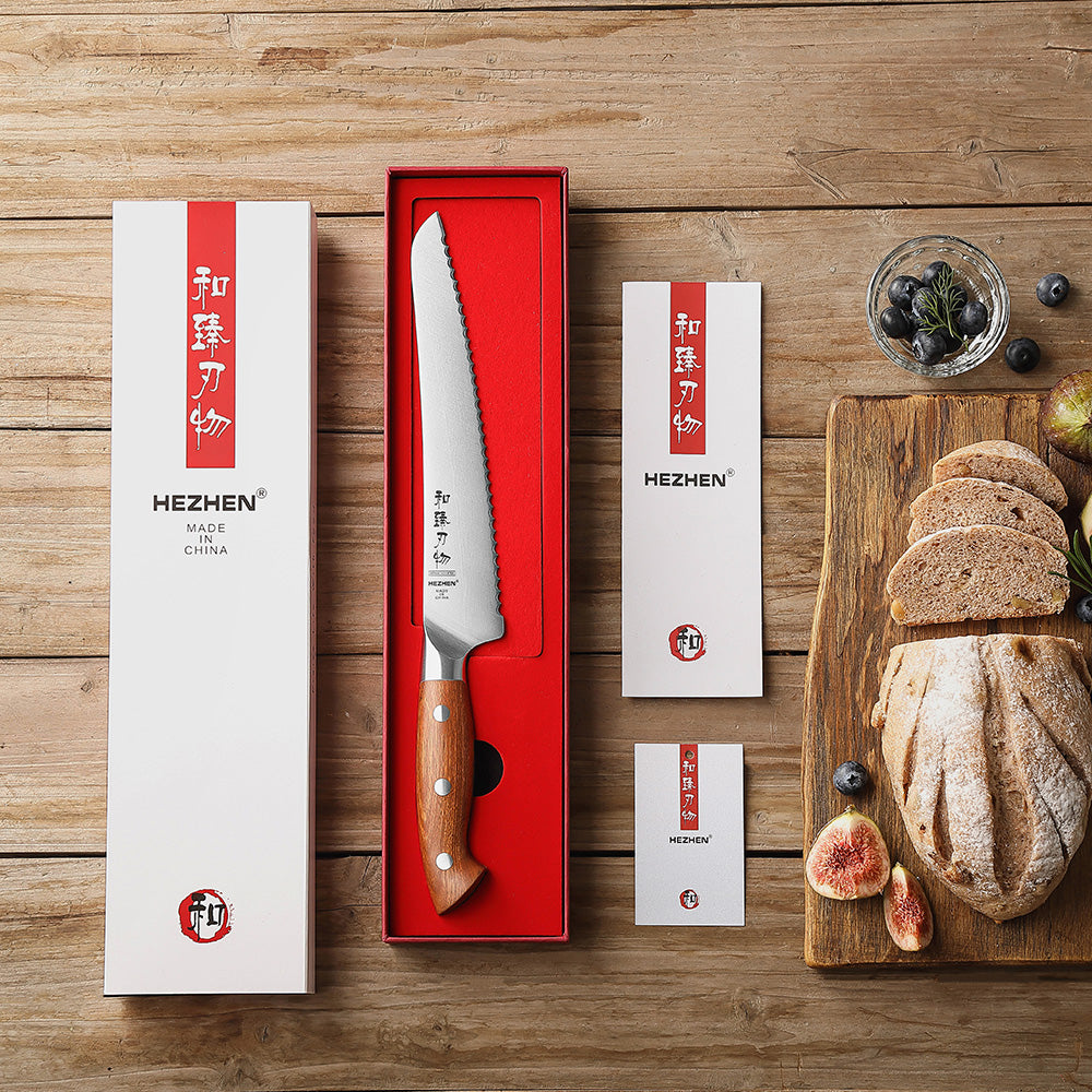 HEZHEN 8.5 Inches Bread Knife, German Steel, Red Wood Handle-Supreme Stainless Series