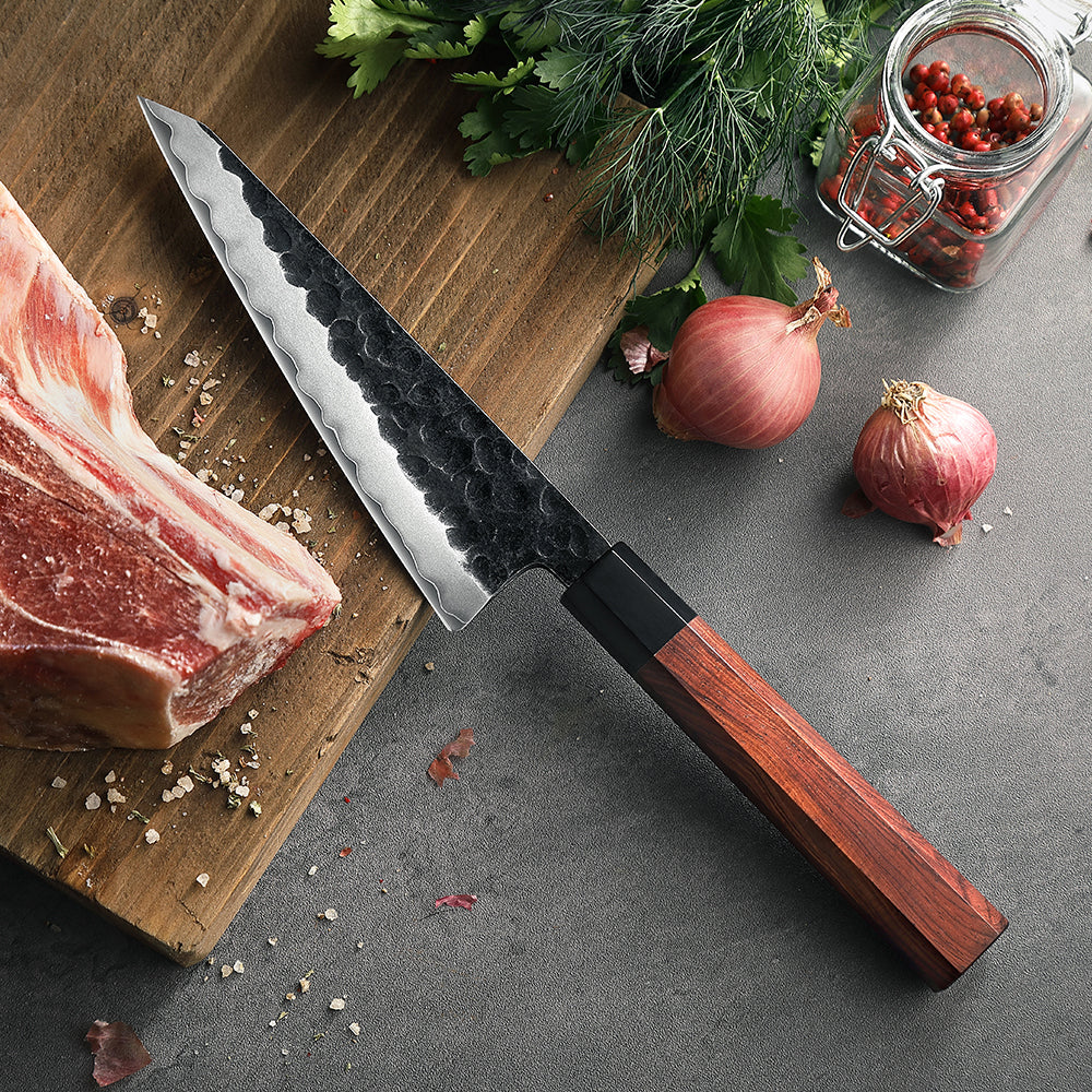 HEZHEN 6 Inches Multipurpose Knife,3 Layers Composite Steel,Stone Washed Frosted Finish,Octagonal Red Wood Handle