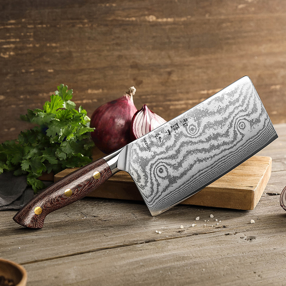HEZHEN 7 Inches Damascus Meat Cleaver, Chinese Chef Knife for Meat and Vegetable Cutting, Micarta Handle