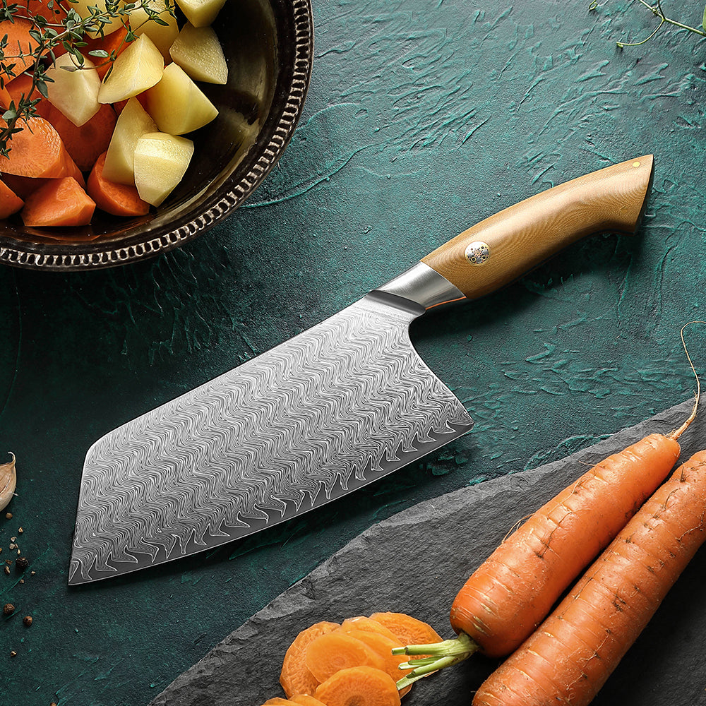 HEZHEN 7.2 Inches Chinese Meat Cleaver Knife, 67 Layers Damascus Steel with Linen Micarta Handle, Gift Box Package- B38L Series