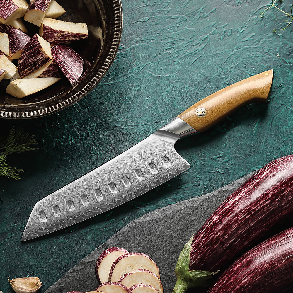 HEZHEN 7.4 Inches Santoku Knife, 67 Layers Damascus Steel with Linen Micarta Handle, Gift Box Package- B38L Series