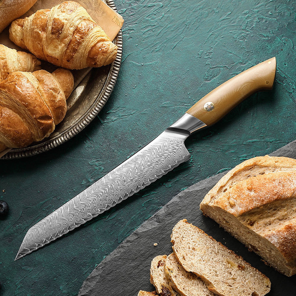 HEZHEN 8.4 Inches Bread Knife, 67 Layers Damascus Steel with Linen Micarta Handle, Gift Box Package- B38L Series
