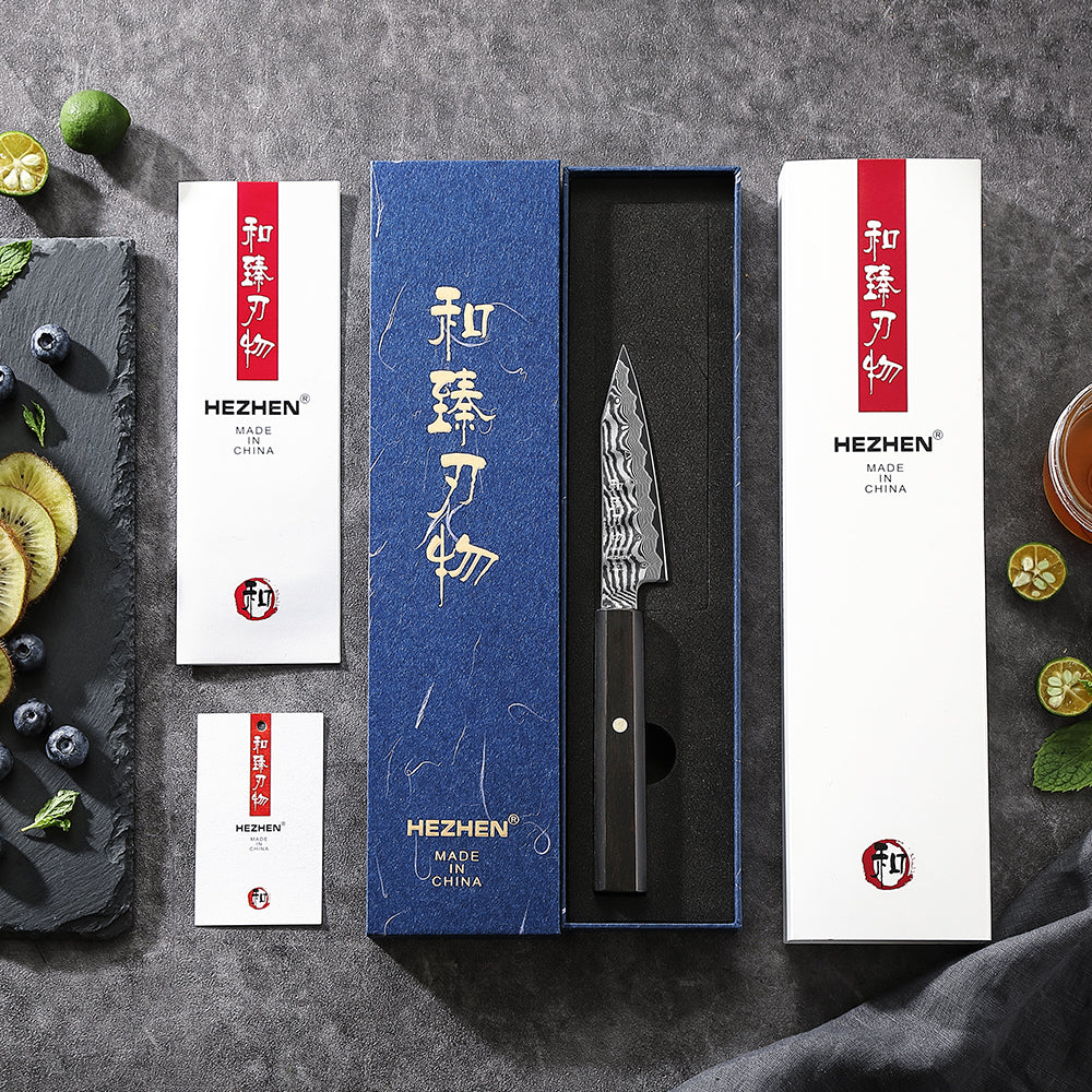 HEZHEN 4.1 Inch Damascus Paring Knife, 67-Layer Damascus Steel, Hand Forged Kitchen Fruit Knife, Ebony Wood Octagonal Ergonomic Handle