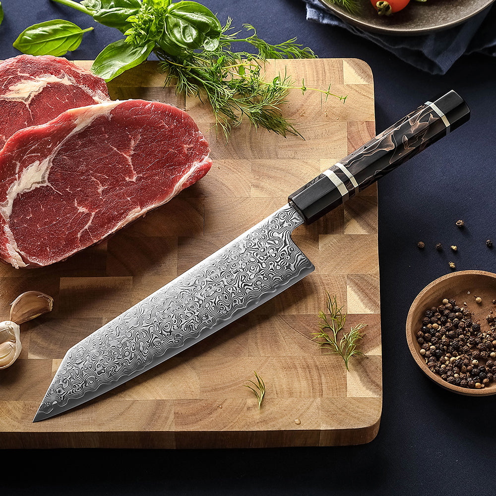 HEZHEN 8.3 Inches Kiritsuke Chef Knife, 49 Layers Damascus Steel with Japanese ZDP-189 Steel, 65-67 HRC, Octagonal Handle