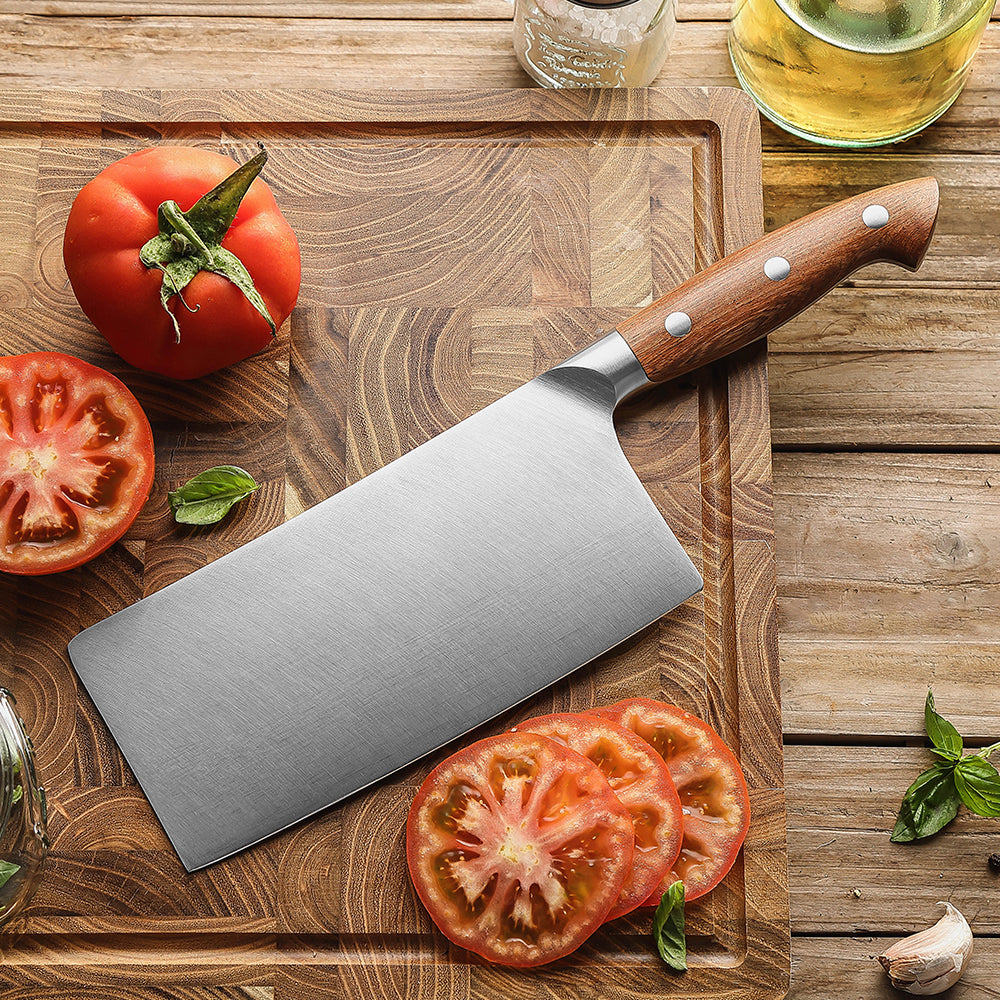HEZHEN 7 Inches Meat Cleaver Knife, Chinese Chef Knife, German Steel, Red Wood Handle-Supreme Stainless Series