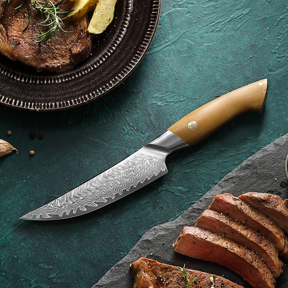 HEZHEN 67-Layer Damascus Steel 5.4”Steak Knife, 10Cr15CoMoV Steel Core Kitchen Knife, Ergonomic Linen Micarta Handle,Multipurpose Cutting Knife for Steak, Fruit, Barbecue