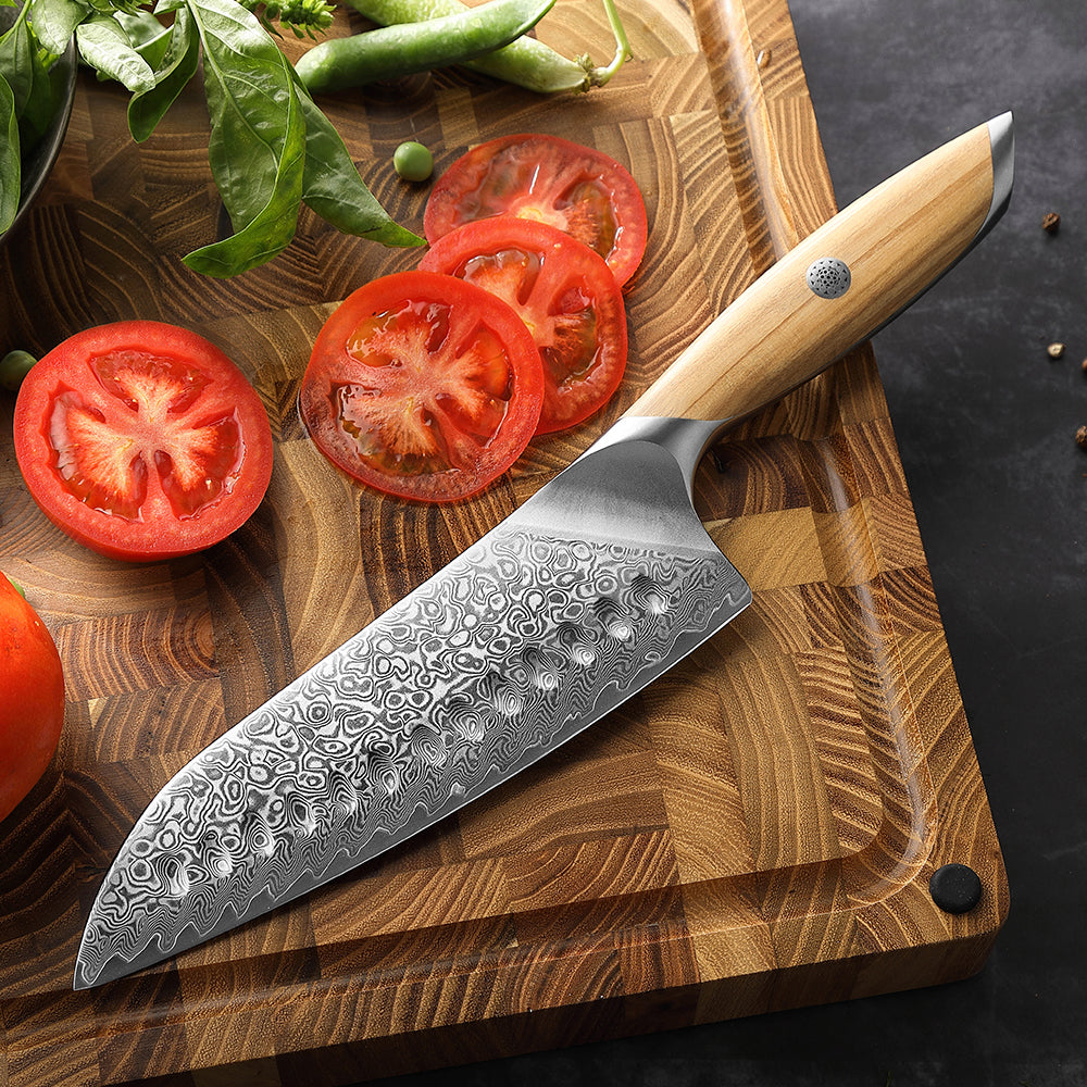 HEZHEN 7.5 Inches Santoku Knife, 73 Layers Damascus Powder Steel, Olive Wood Handle, Gift Ready-Flagship Series