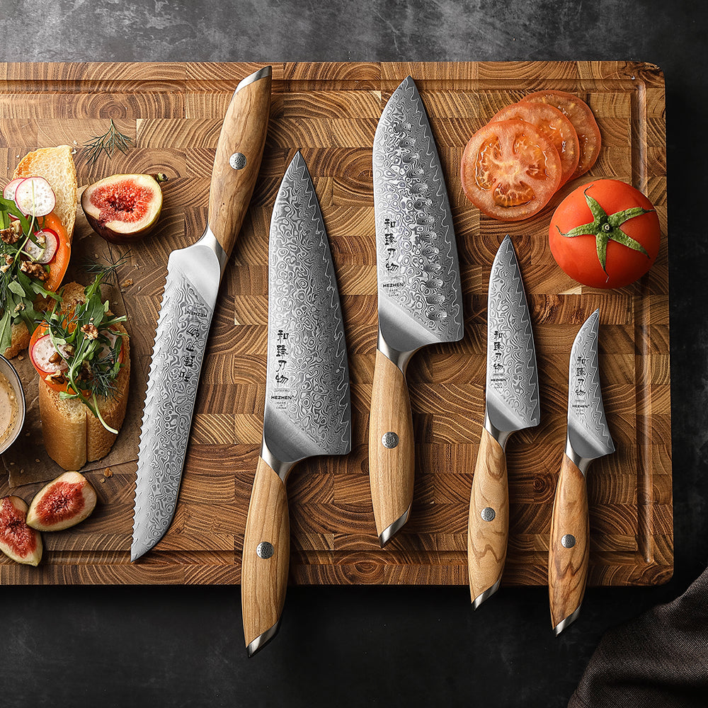 HEZHEN 5-piece Chef Knife Set, 73 Layers Damascus Powder Steel, Olive Wood Handle, Gift Ready-Flagship Series