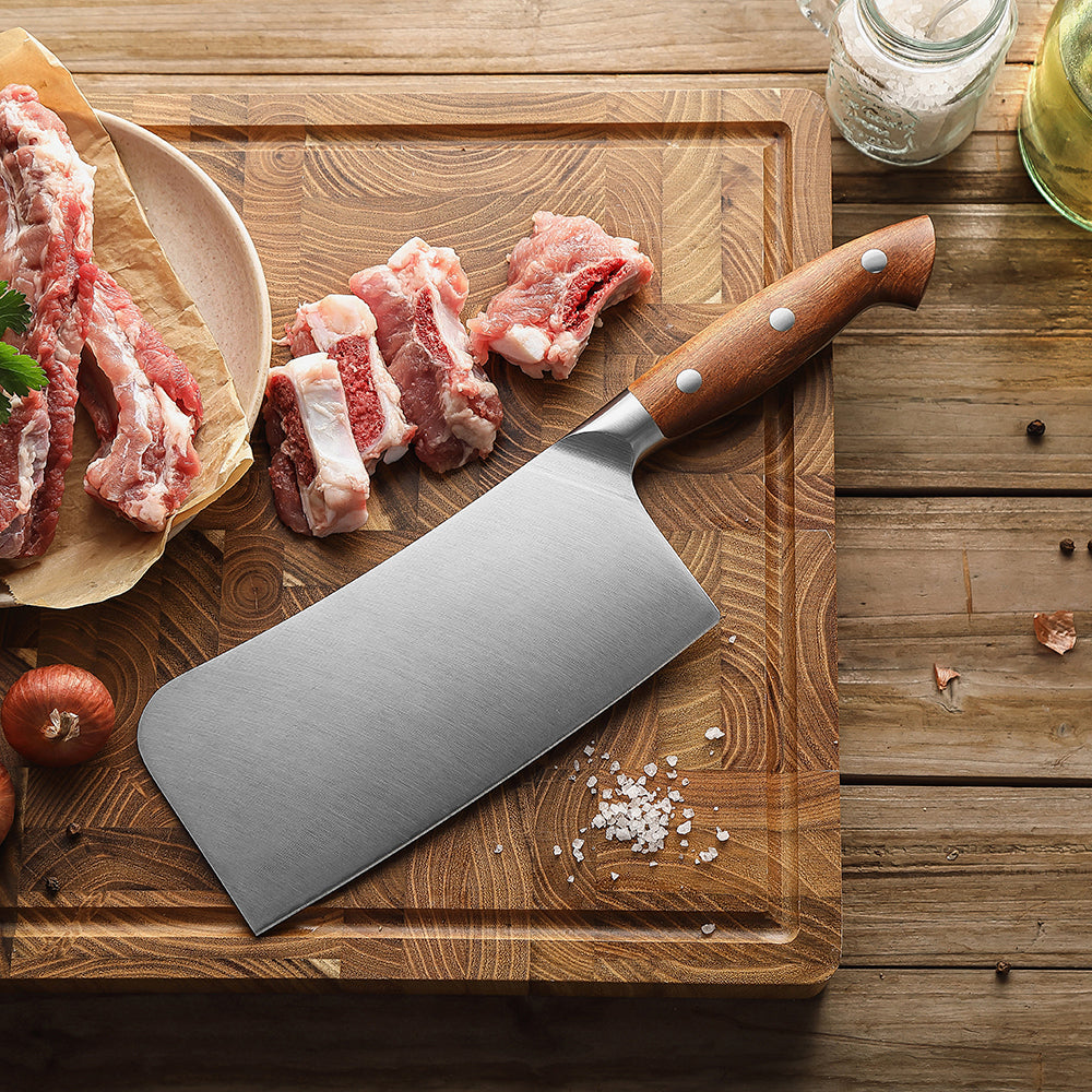 HEZHEN 7 Inches Bone Cleaver Knife, Chinese Chopping Knife, Heavy-Duty, Red Wood Handle-Supreme Stainless Series