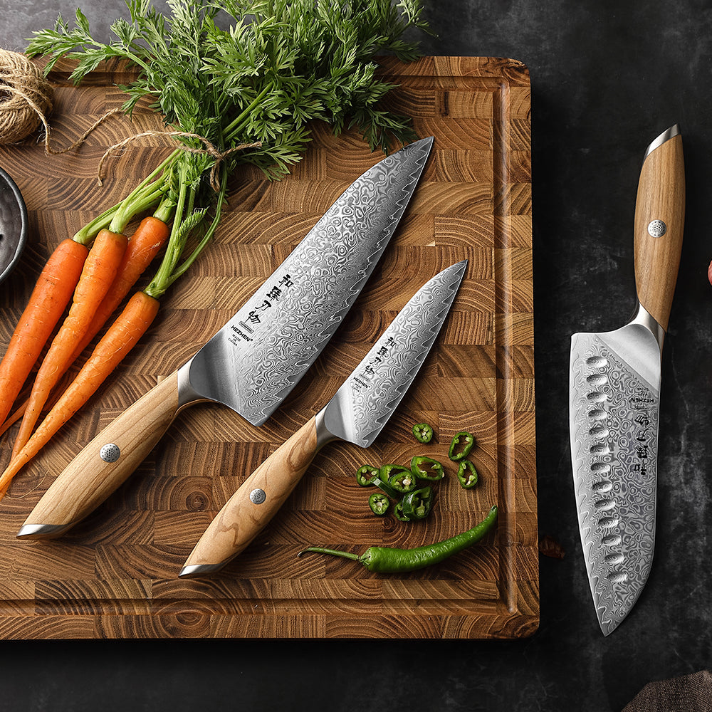 HEZHEN 3-piece Kitchen Knife Set(Chef Knife+Santoku Knife+Kitchen Utility Knife), 73 Layers Damascus Powder Steel, Olive Wood Handle, Gift Ready-Flagship Series