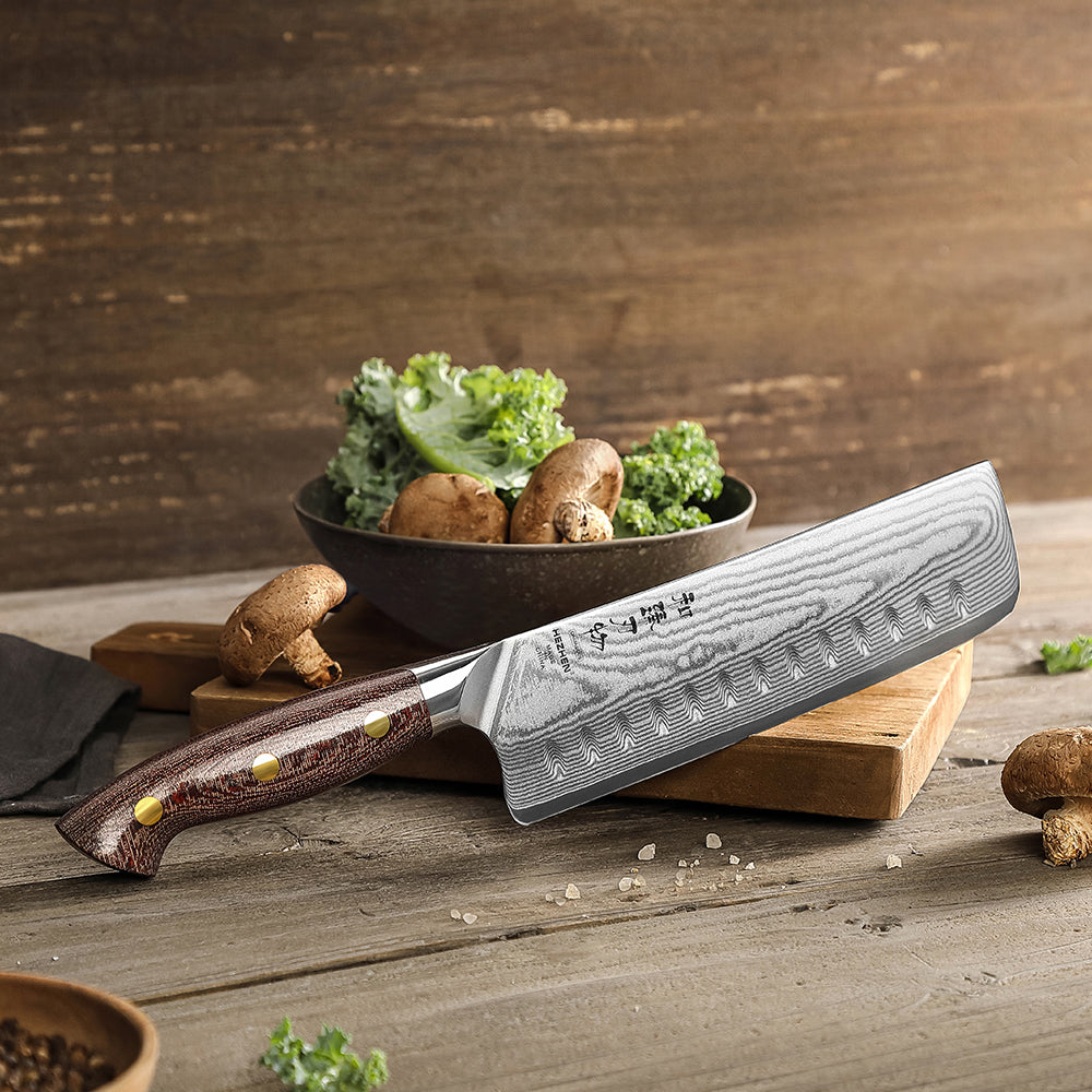 HEZHEN 7.4 Inches Damascus Nakiri Knife, Small Cleaver Knife for Meat and Vegetable Cutting, Micarta Handle