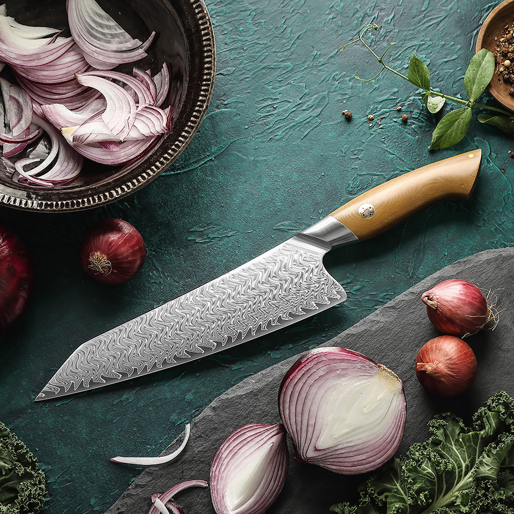 HEZHEN 8.5 Inches Chef Knife, 67 Layers Damascus Steel with Linen Micarta Handle, Gift Box Package- B38L Series