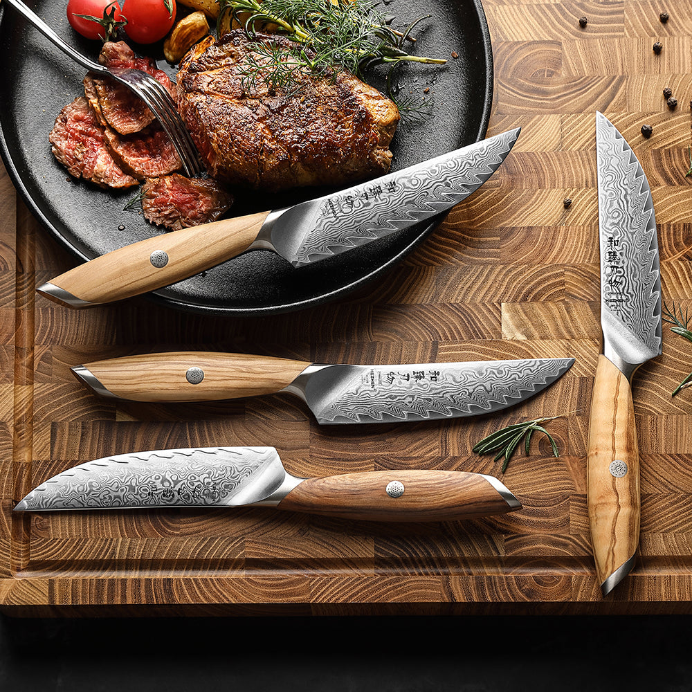 HEZHEN 4-piece Steak Knife Set, 73 Layers Damascus Powder Steel, Olive Wood Handle, Gift Ready-Flagship Series