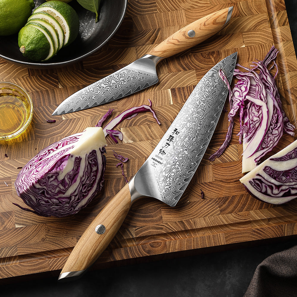 HEZHEN 2-piece Kitchen Knife Set(Chef Knife+Kitchen Utility Knife), 73 Layers Damascus Powder Steel, Olive Wood Handle, Gift Ready-Flagship Series