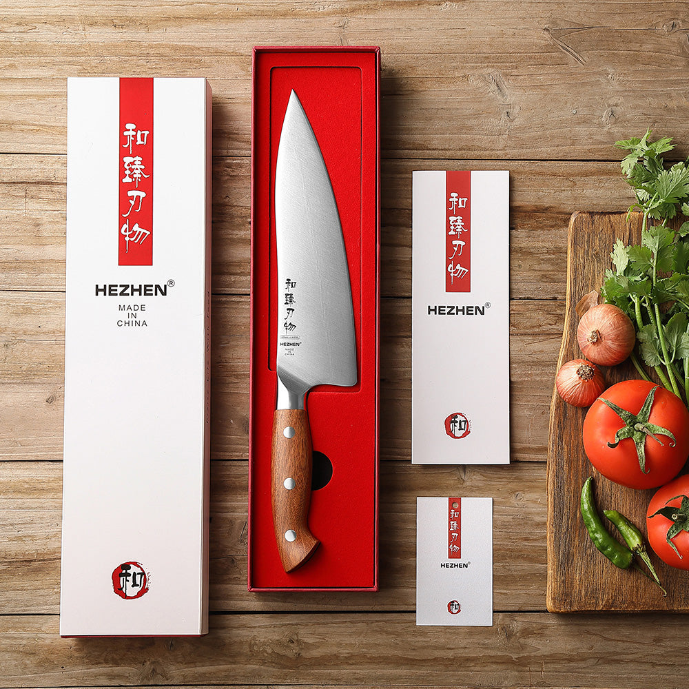 HEZHEN 8.3 Inches Chef Knife, German Steel Kitchen Knife,Red Wood Handle-Supreme Stainless Series