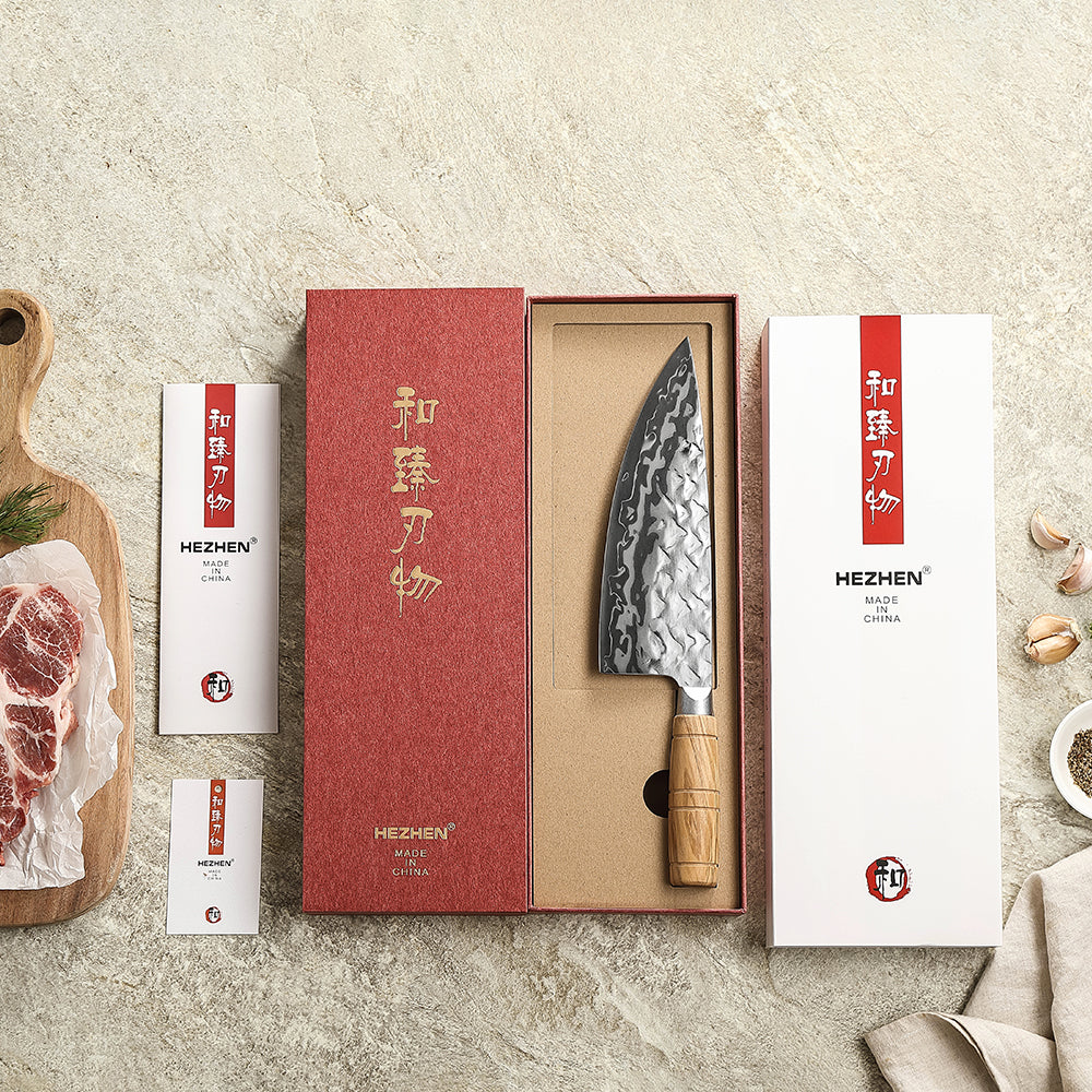 HEZHEN 8.1 Inches Butcher Knife Forged 12Cr18MoV Steel Core,Damascus Steel Blade,Ergonomic Olive Wood Handle,High Hardness Sharp Meat Cutting Knife