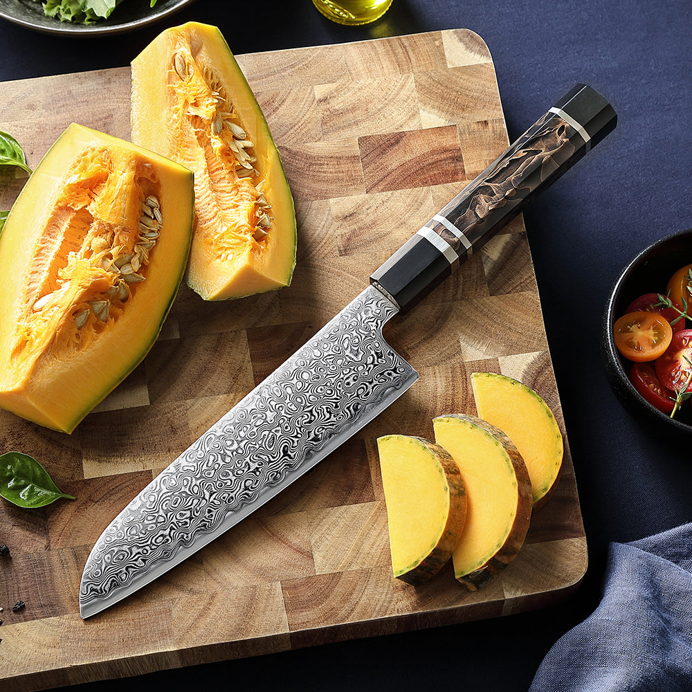 HEZHEN 7.1 Inch Japanese Santoku Knife, 49-Layer Damascus Steel, Hitachi ZDP-189 Powder Steel Core, Luxury Gift Box