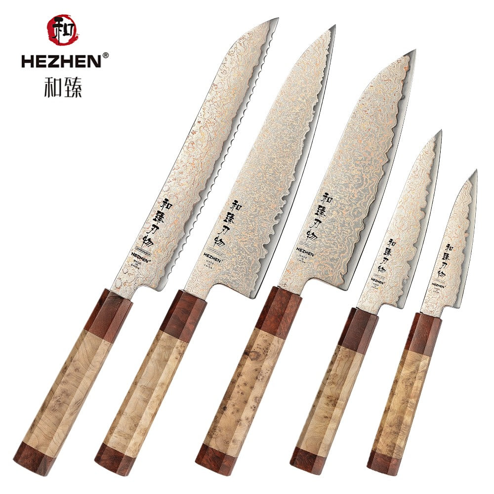 HEZHEN 5 Piece Copper Damascus Steel Chef Knife Set, 37 Tricolor Copper Damascus Steel Kitchen Knife Set with Figured Sycamore Wood + Padauk Burl Wood