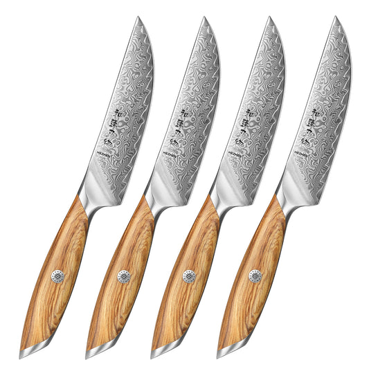 HEZHEN 4-piece Steak Knife Set, 73 Layers Damascus Powder Steel, Olive Wood Handle, Gift Ready-Flagship Series