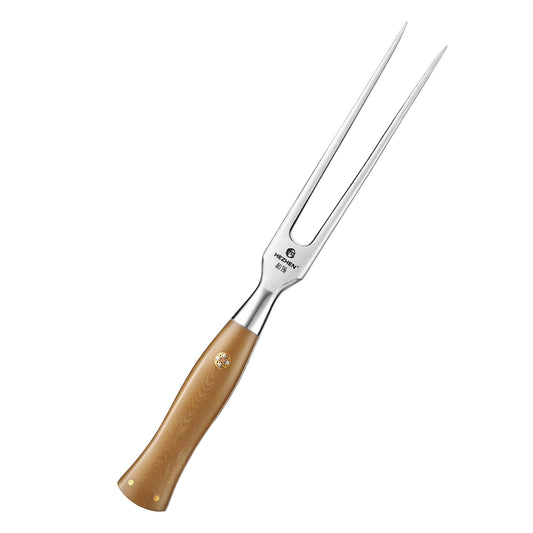 HEZHEN Forged Meat Carving Fork, 430 Stainless Steel Carving Fork with Linen Micarta Ergonomic Handle, Professional Kitchen Roast BBQ Serving Fork for Turkey, Beef, Ham
