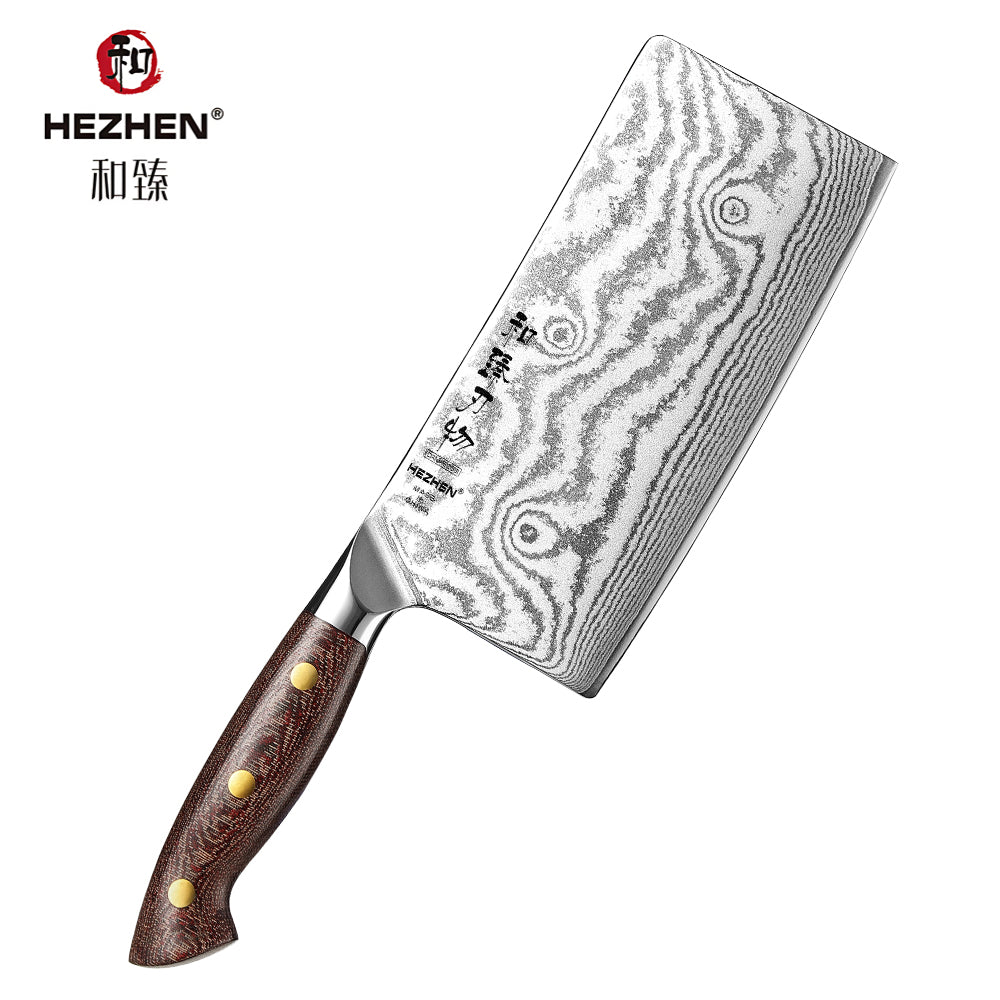 HEZHEN 7 Inches Damascus Meat Cleaver, Chinese Chef Knife for Meat and Vegetable Cutting, Micarta Handle