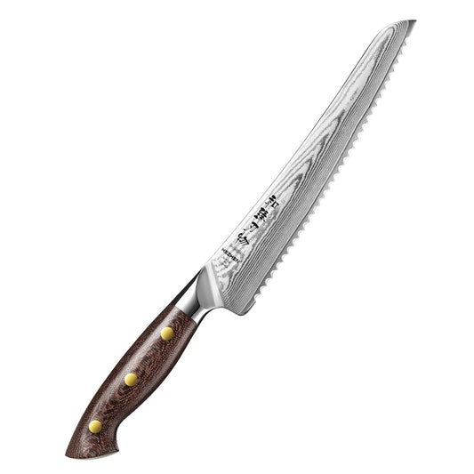 HEZHEN 8.5" 67-Layer Damascus Bread Knife – Core at 60±2HRC, Serrated Edge for Crusty Bread & Cakes, Ergonomic Micarta Handle