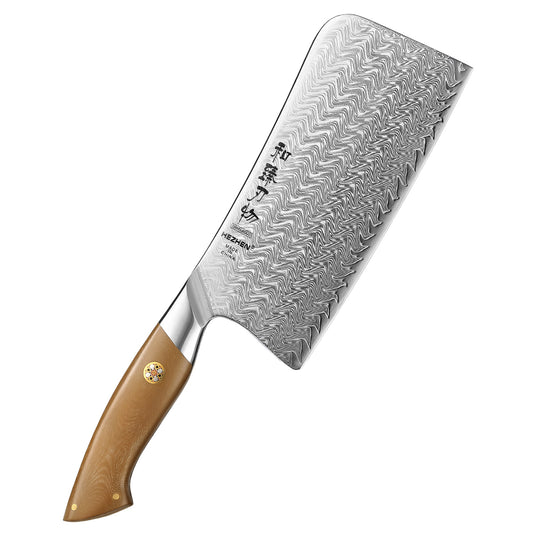 HEZHEN 7 Inches Chinese Bone Choping Knife, 67 Layers Damascus Steel with Linen Micarta Handle, Gift Box Package- B38L Series