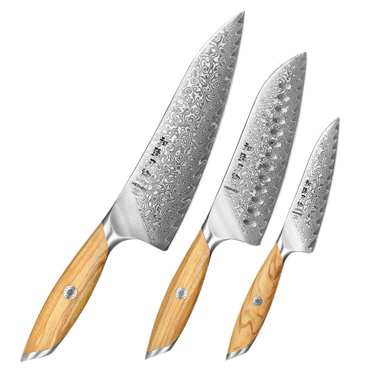 HEZHEN 3-piece Kitchen Knife Set(Chef Knife+Santoku Knife+Kitchen Utility Knife), 73 Layers Damascus Powder Steel, Olive Wood Handle, Gift Ready-Flagship Series