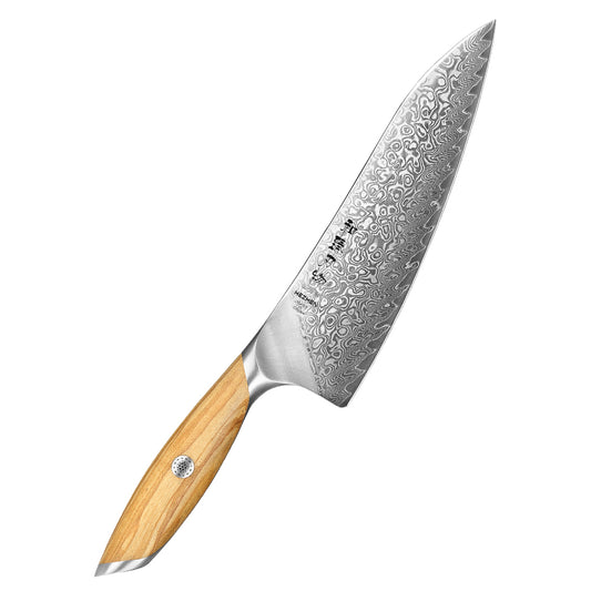 HEZHEN 8 Inches Chef Knife, 73 Layers Damascus Powder Steel, Olive Wood Handle, Gift Ready-Flagship Series