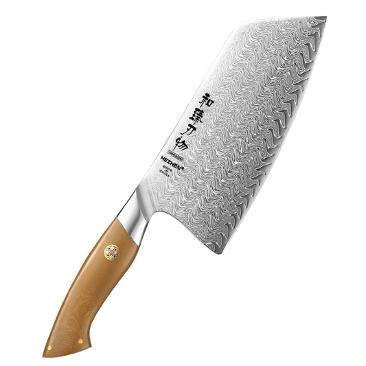 HEZHEN 7.2 Inches Chinese Meat Cleaver Knife, 67 Layers Damascus Steel with Linen Micarta Handle, Gift Box Package- B38L Series